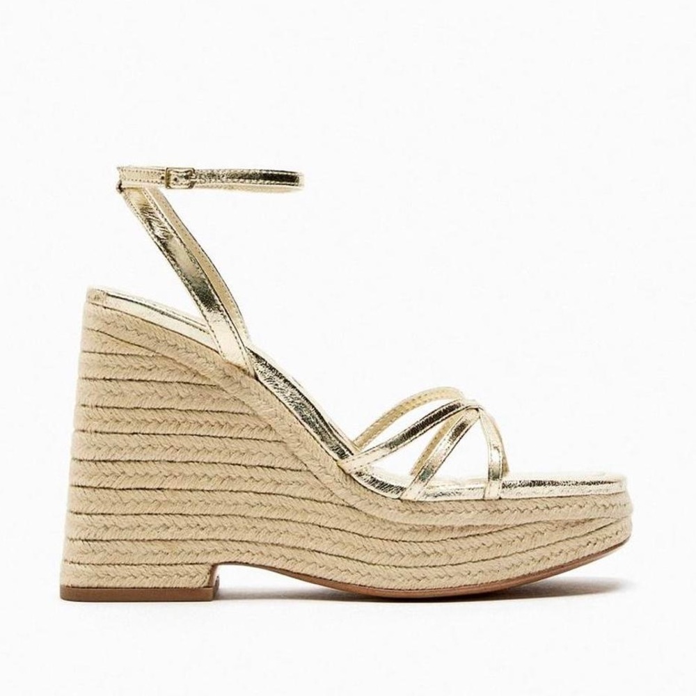 NWT Zara Metallic Gold Strappy Wedge Jute Espadrille Sandals